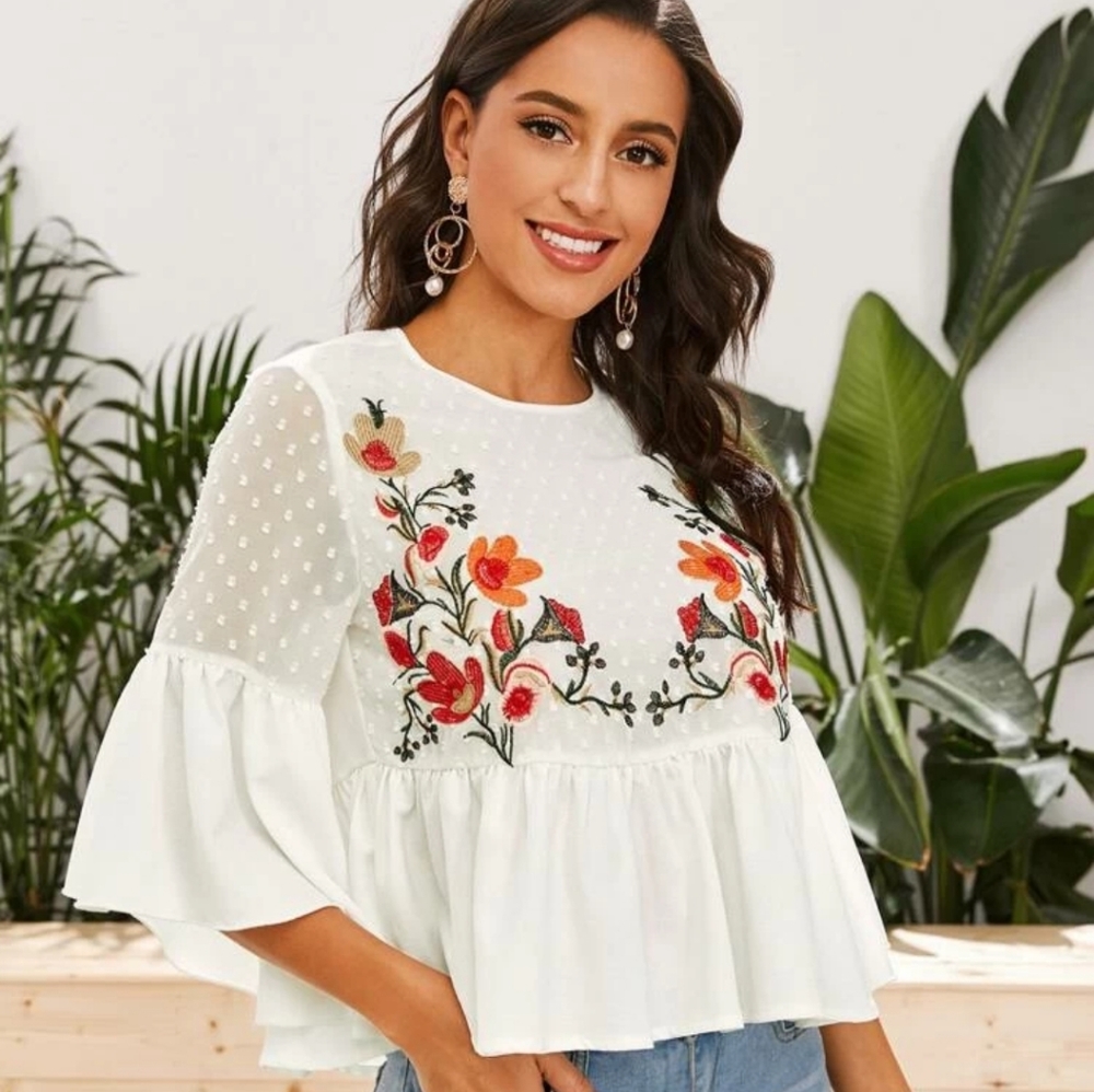 Floral Embroidery Swiss Dot Peplum Top